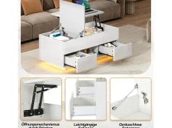 Mesa De Centro|Merax Mesa de centro elevatório e acabamento laqueado de alto brilho - 100 x 45 x 43 cm - com 2 gavetas + LEDs + espaço de armazenamento oculto - aglomerado - branca Branco