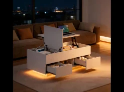 Mesa De Centro|Merax Mesa de centro elevatório e acabamento laqueado de alto brilho - 100 x 45 x 43 cm - com 2 gavetas + LEDs + espaço de armazenamento oculto - aglomerado - branca Branco