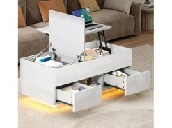 Mesa De Centro|Merax Mesa de centro elevatório e acabamento laqueado de alto brilho - 100 x 45 x 43 cm - com 2 gavetas + LEDs + espaço de armazenamento oculto - aglomerado - branca Branco