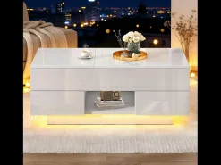 Mesa De Centro|Merax Mesa de centro elevatório e acabamento laqueado de alto brilho - 100 x 45 x 43 cm - com 2 gavetas + LEDs + espaço de armazenamento oculto - aglomerado - branca Branco