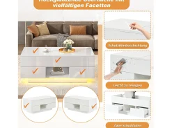 Mesa De Centro|Merax Mesa de centro elevatório e acabamento laqueado de alto brilho - 100 x 45 x 43 cm - com 2 gavetas + LEDs + espaço de armazenamento oculto - aglomerado - branca Branco