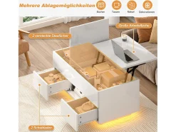 Mesa De Centro|Merax Mesa de centro elevatório e acabamento laqueado de alto brilho - 100 x 45 x 43 cm - com 2 gavetas + LEDs + espaço de armazenamento oculto - aglomerado - branca Branco