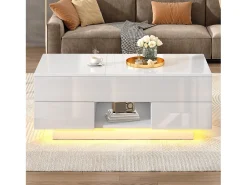 Mesa De Centro|Merax Mesa de centro elevatório e acabamento laqueado de alto brilho - 100 x 45 x 43 cm - com 2 gavetas + LEDs + espaço de armazenamento oculto - aglomerado - branca Branco