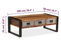Mesa De Centro|vidaxl Mesa de centro 3 gavetas madeira recuperada maciça 100x50x35 cm Natural claro