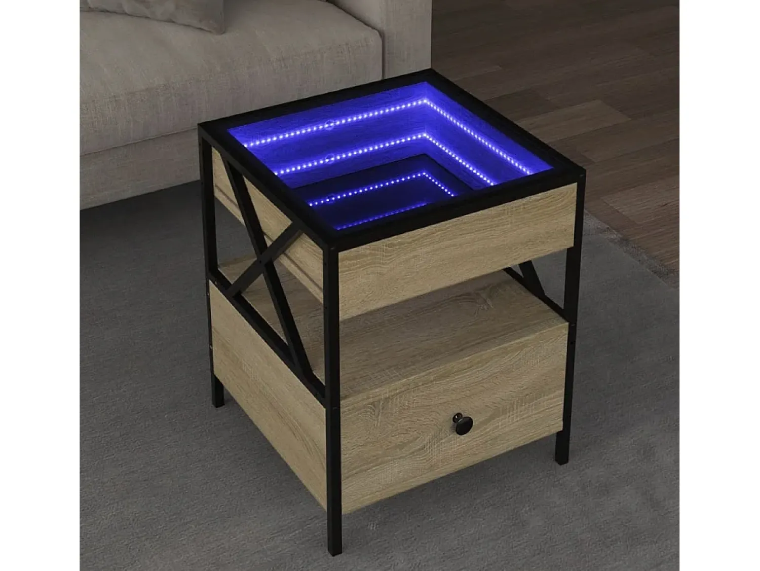 Mesa De Centro* Mesa de centro | Mesa de apoio luzes LED Infinity 40x40x51 cm carvalho sonoma Castanho
