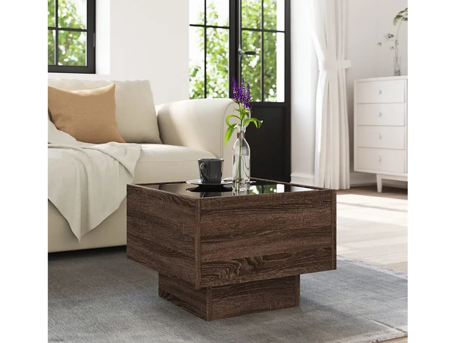 Outlet Mesa de centro | Mesa de apoio c/ LEDs 40x40x30 cm derivados de madeira Castanho