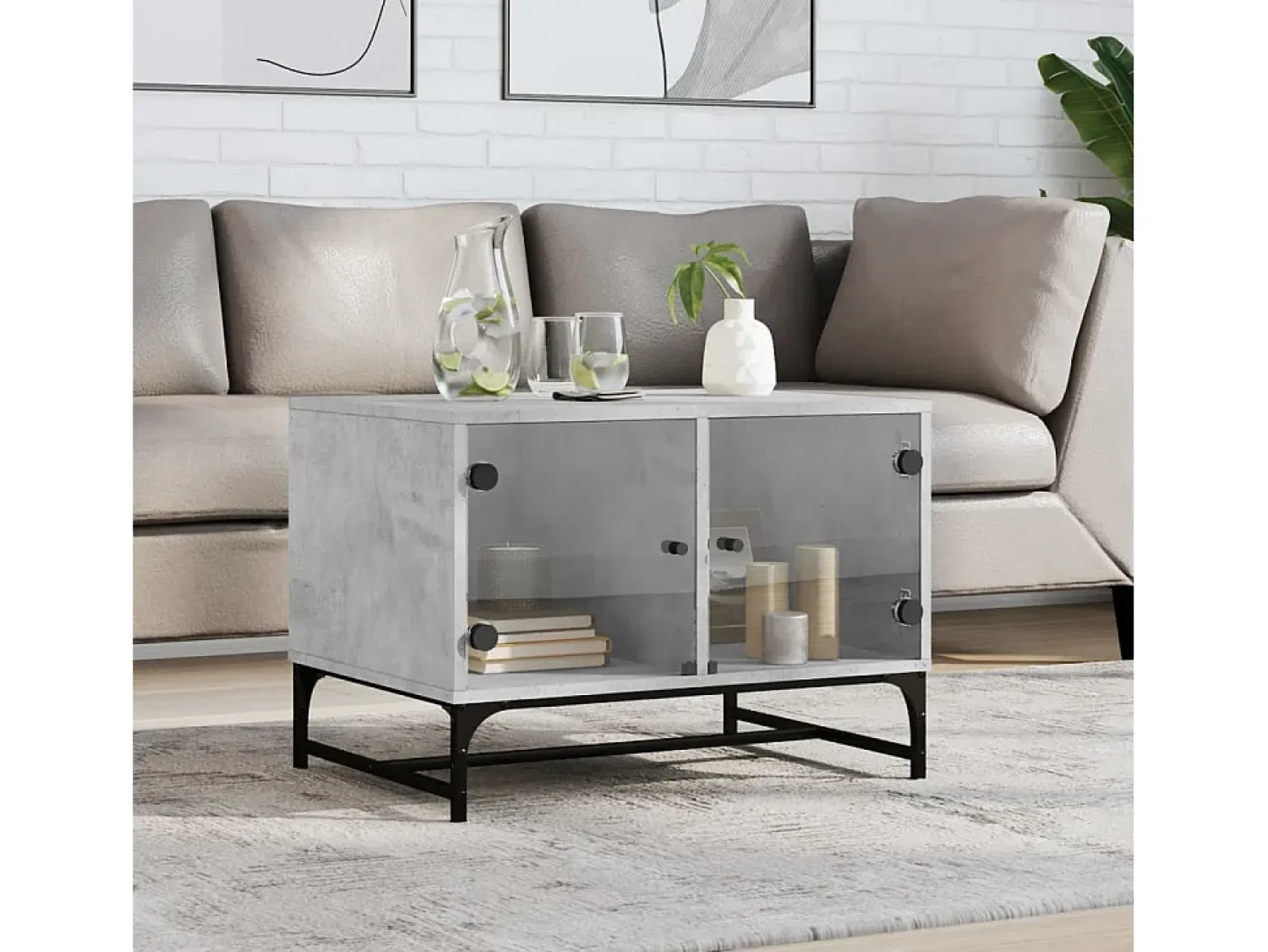 Mesa De Centro| Mesa de centro | Mesa de apoio | Mesa de café c/ portas de vidro 68.5x50x50 cm cinza cimento Cinzento