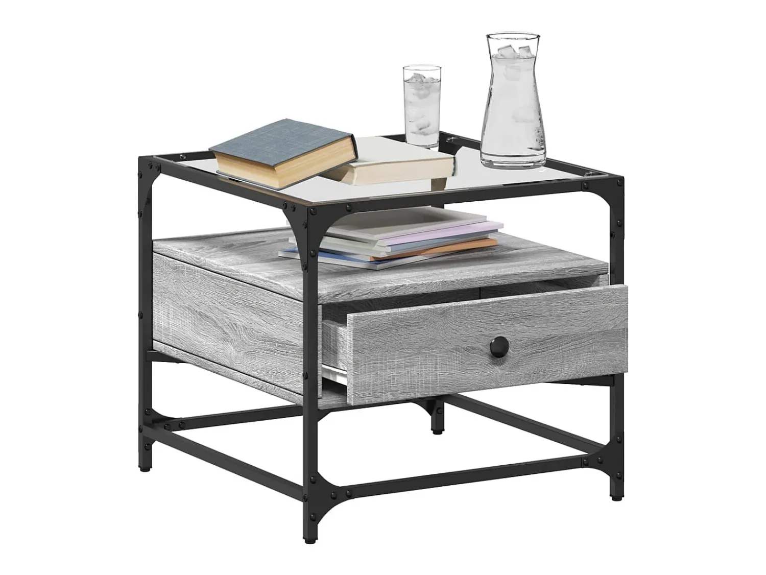 Best Mesa de centro | Mesa de apoio c/ topo de vidro 50x50x45 cm cinza sonoma aço Cinzento