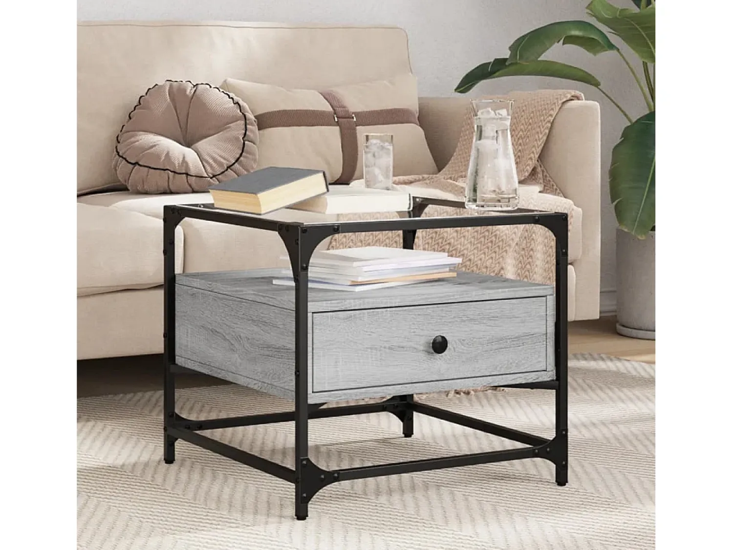 Best Mesa de centro | Mesa de apoio c/ topo de vidro 50x50x45 cm cinza sonoma aço Cinzento