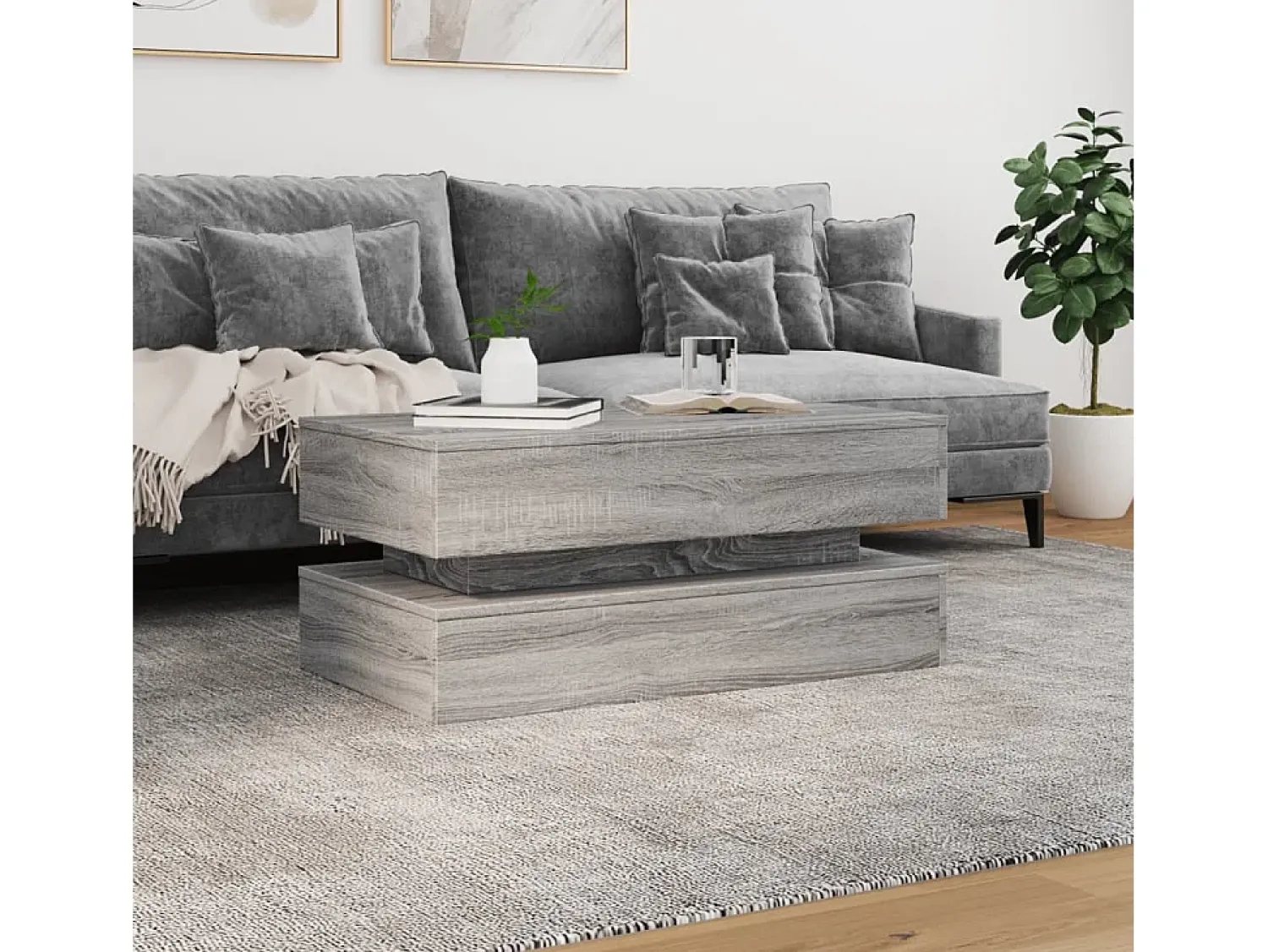 New Mesa de centro | Mesa de apoio com luzes LED 90x50x40 cm sonoma Cinzento