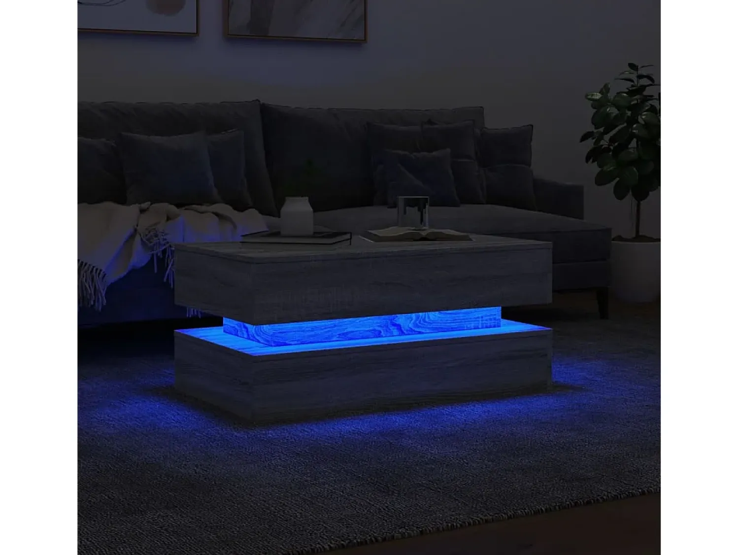 New Mesa de centro | Mesa de apoio com luzes LED 90x50x40 cm sonoma Cinzento