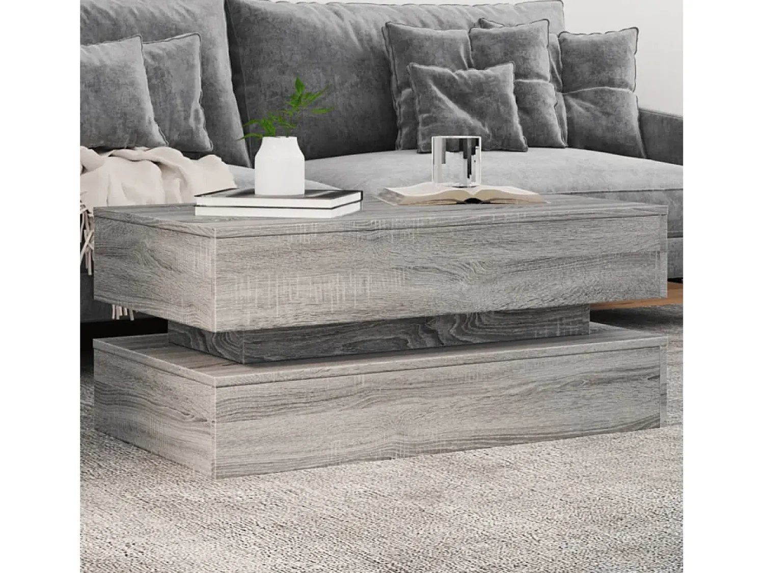 New Mesa de centro | Mesa de apoio com luzes LED 90x50x40 cm sonoma Cinzento