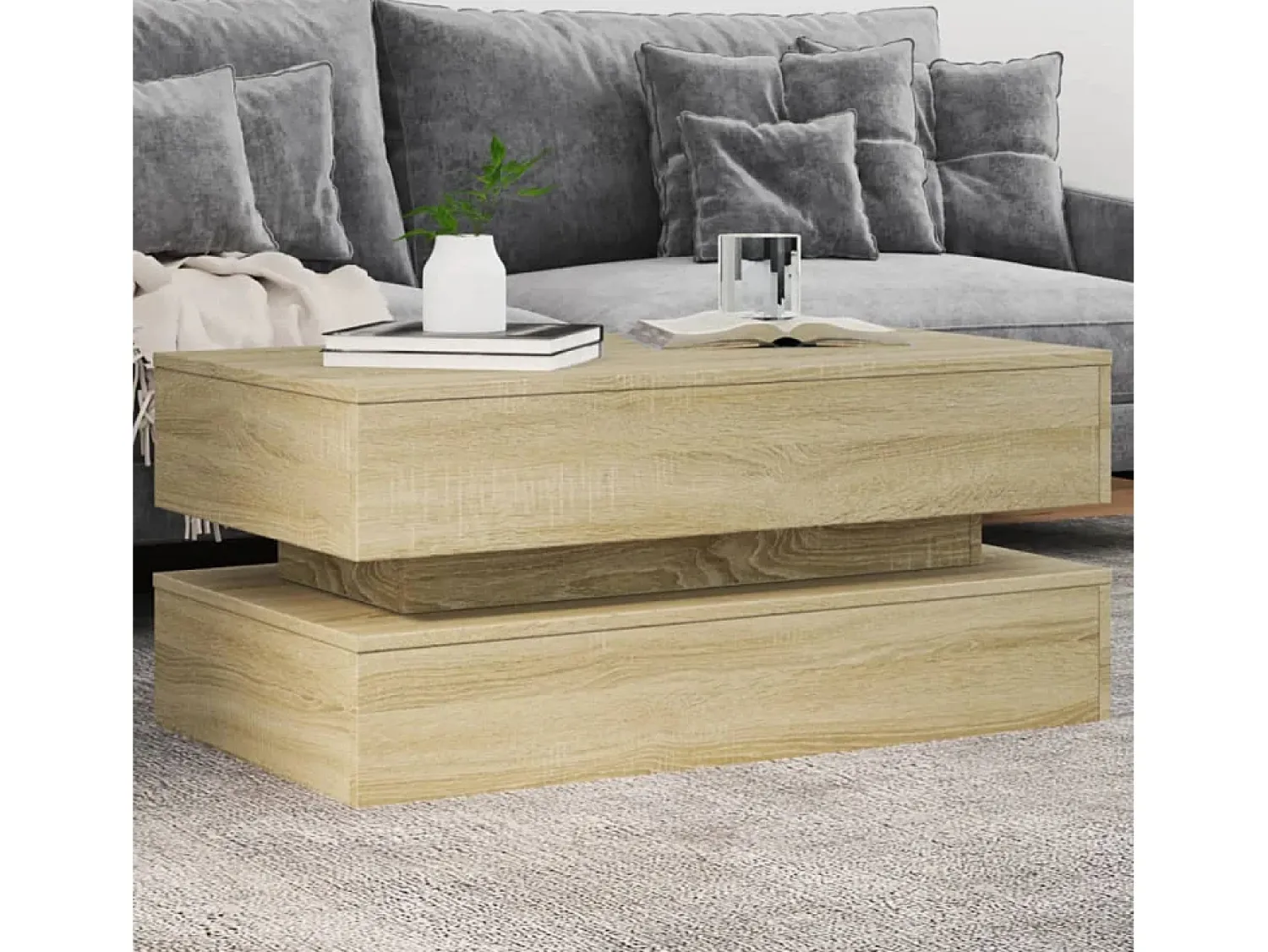 Mesa De Centro* Mesa de centro | Mesa de apoio com luzes LED 90x50x40 cm carvalho sonoma Castanho