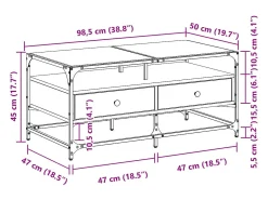 Outlet Mesa de centro | Mesa de apoio c/ topo vidro 98.5x50x45cm carvalho aço Castanho