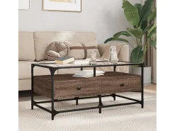 Outlet Mesa de centro | Mesa de apoio c/ topo vidro 98.5x50x45cm carvalho aço Castanho