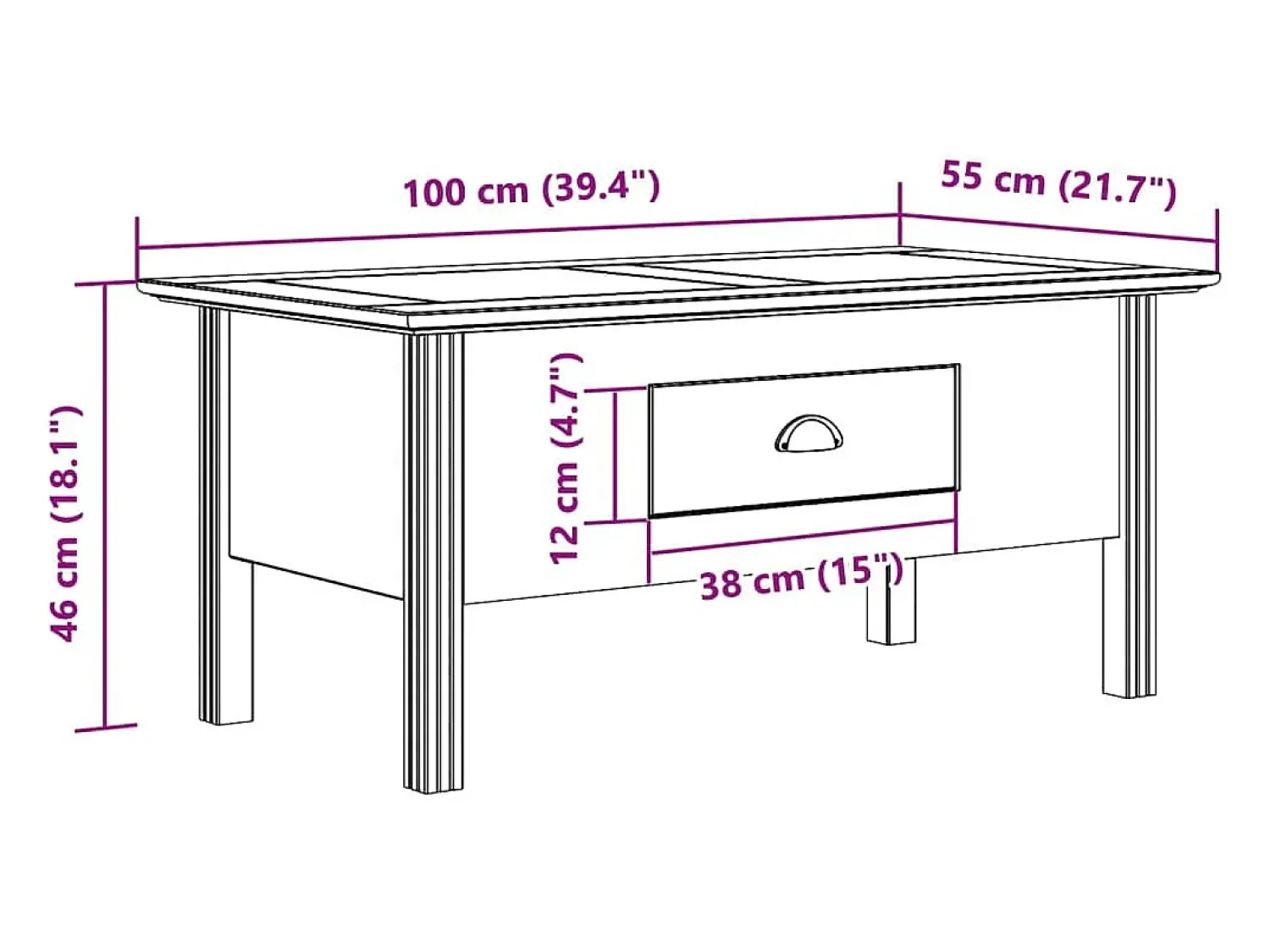 Mesa De Centro| Mesa de centro | Mesa de apoio BODO 100x55x46 cm madeira de pinho maciça Branco