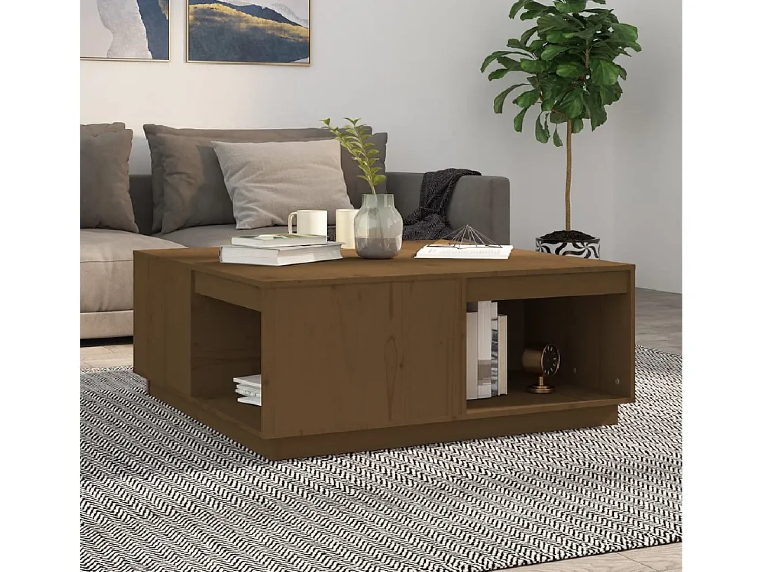 Mesa De Centro| Mesa de centro | Mesa de apoio 100x101x40.5cm madeira pinho maciça mel Castanho