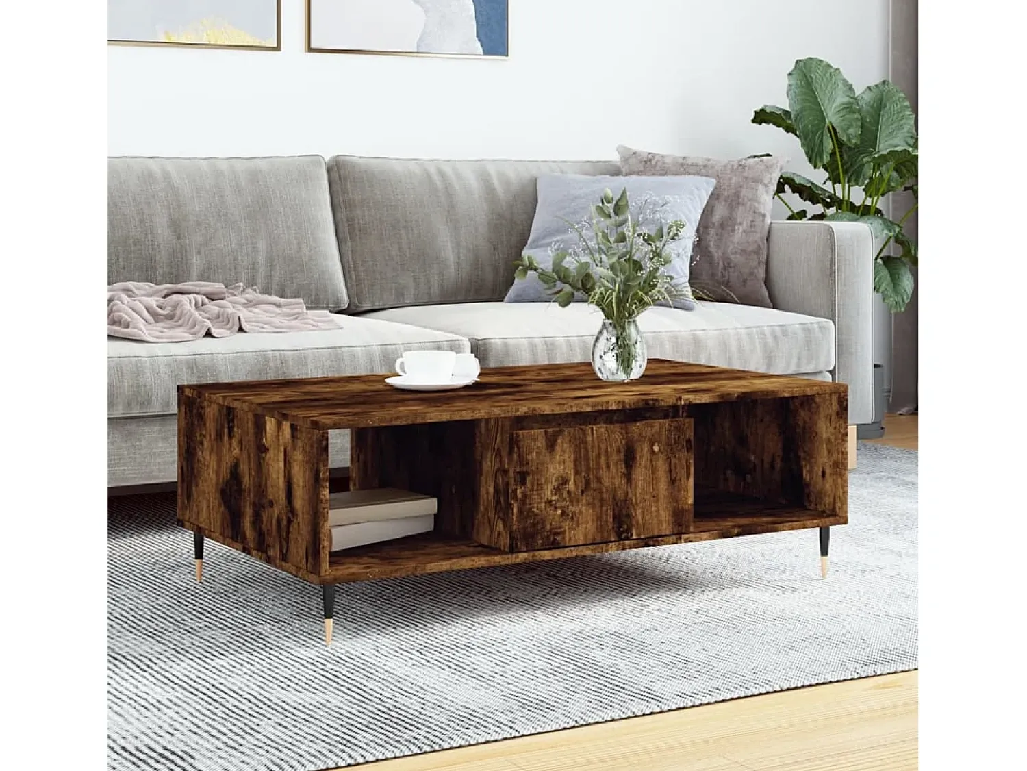 New Mesa de centro | Mesa de apoio 104x60x35 cm derivados madeira carvalho fumado Castanho