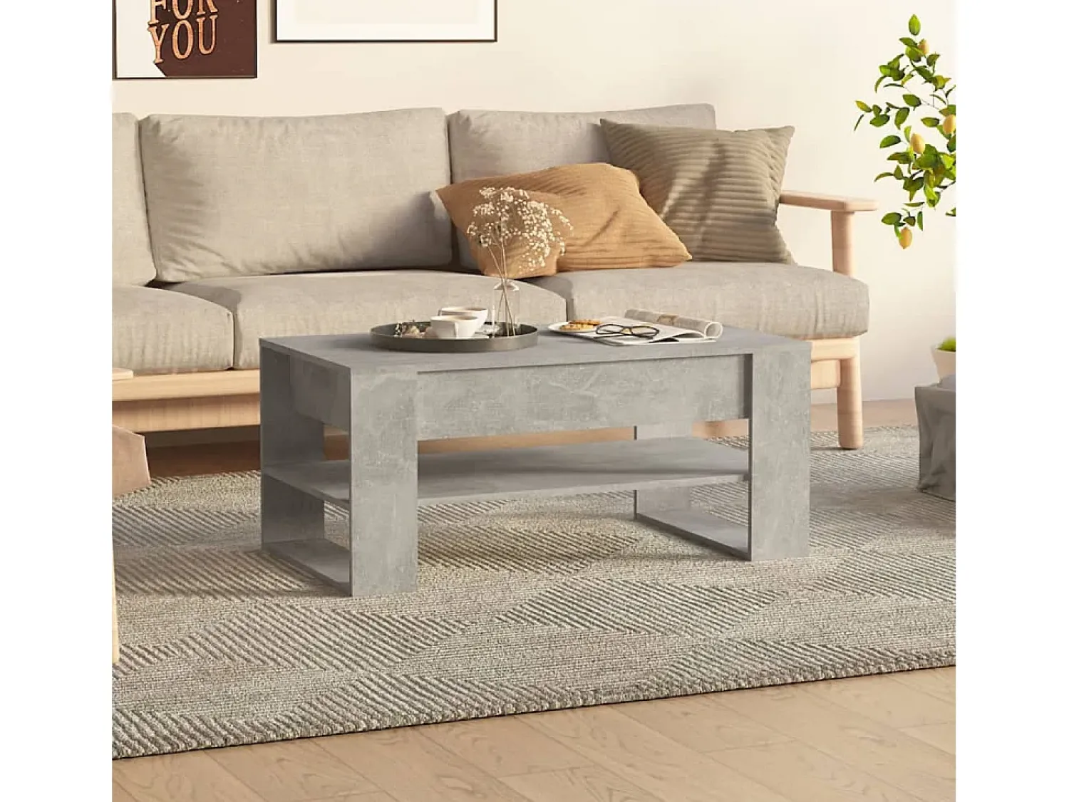 Outlet Mesa de centro | Mesa de apoio 102x55x45 cm madeira processada cinza cimento Cinzento
