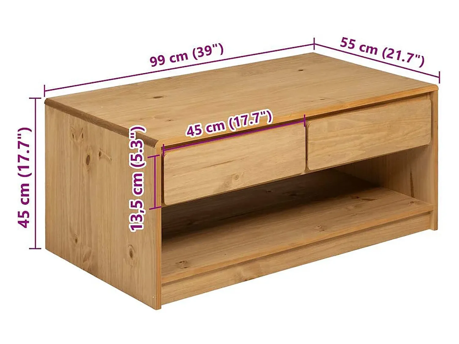 Outlet Mesa de centro | Mesa de apoio SAUDA 99x55x45 cm pinho maciço cor carvalho Castanho