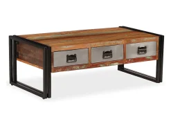 Clearance Mesa de centro | Mesa de apoio | Mesa de café 3 gavetas madeira recuperada maciça 100x50x35 cm Castanho
