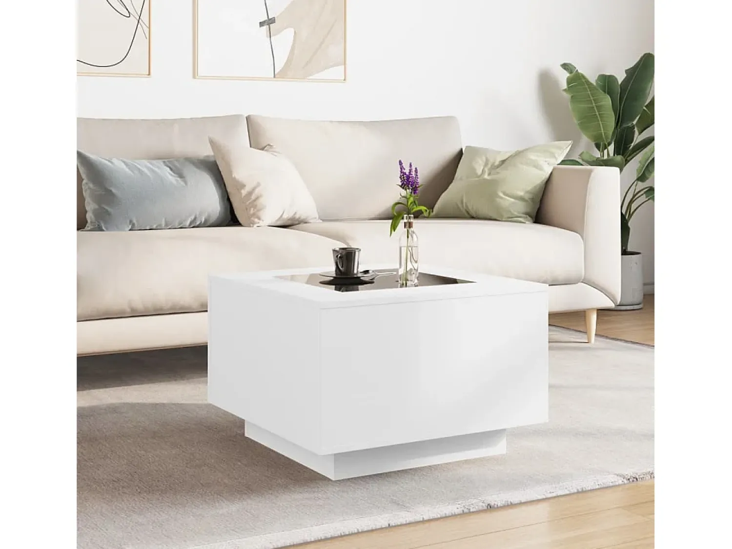 Mesa de centro | Mesa de apoio c/LEDs 60x60x40cm contraplacado brilhante^ Mesa De Centro