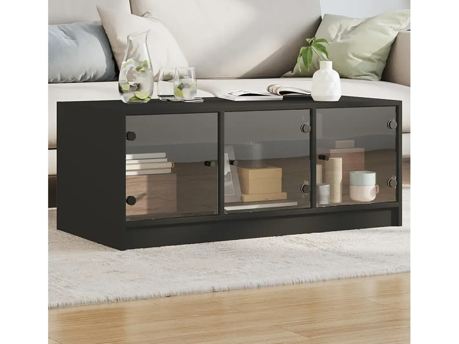 New Mesa de centro | Mesa de apoio c/ portas de vidro 102x50x42 cm Preto