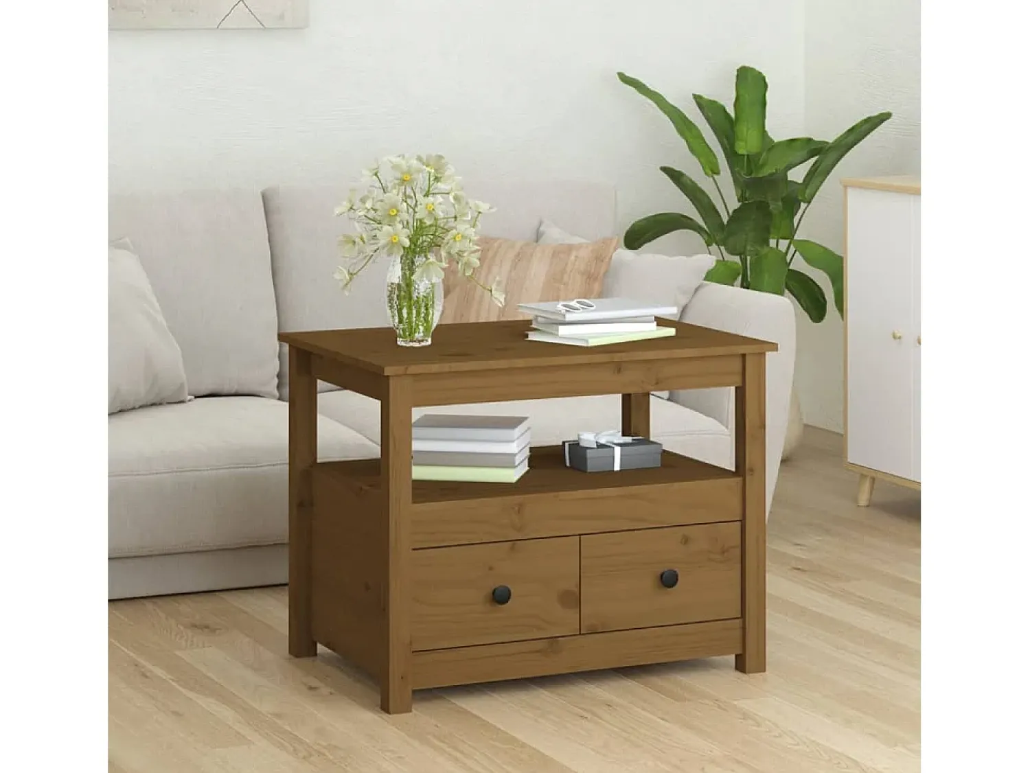 Mesa De Centro| Mesa de centro | Mesa de apoio 71x49x55 cm pinho maciço mel Castanho
