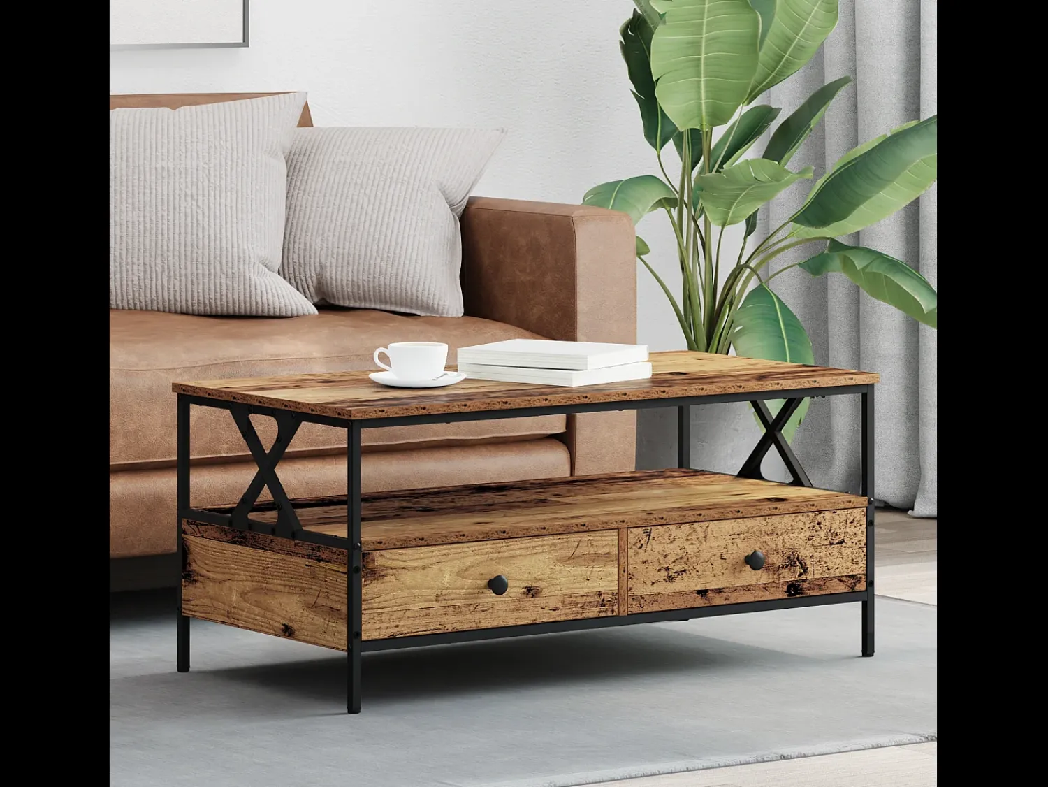 Mesa De Centro| Mesa de centro | Mesa de apoio with Drawer Madeira antiga 100x51x45 cm Castanho