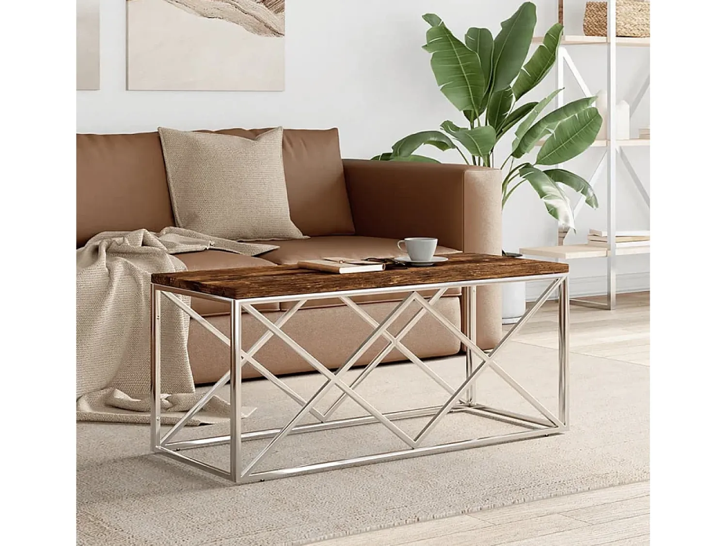 Mesa de centro | Mesa de apoio | Mesa de café aço inoxidável e madeira recuperada maciça^ Mesa De Centro