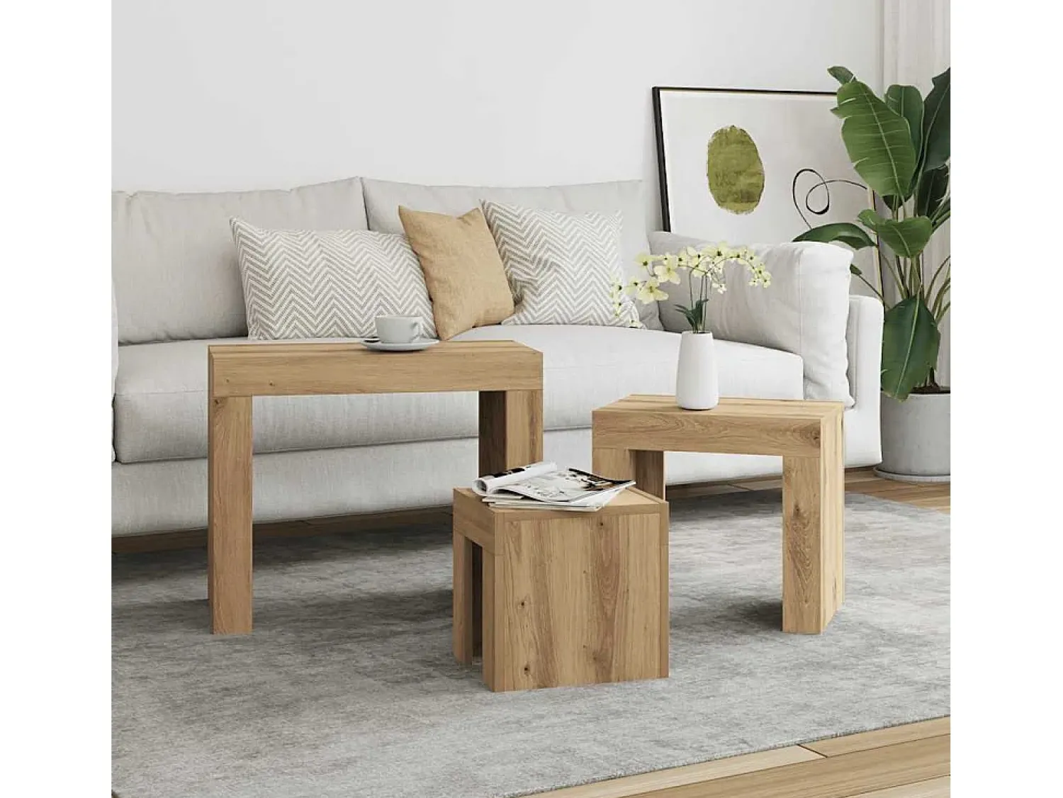 Hot Mesa de centro | Mesa de apoio encastrar 3 pcs deriv. madeira carvalho artisiano Castanho