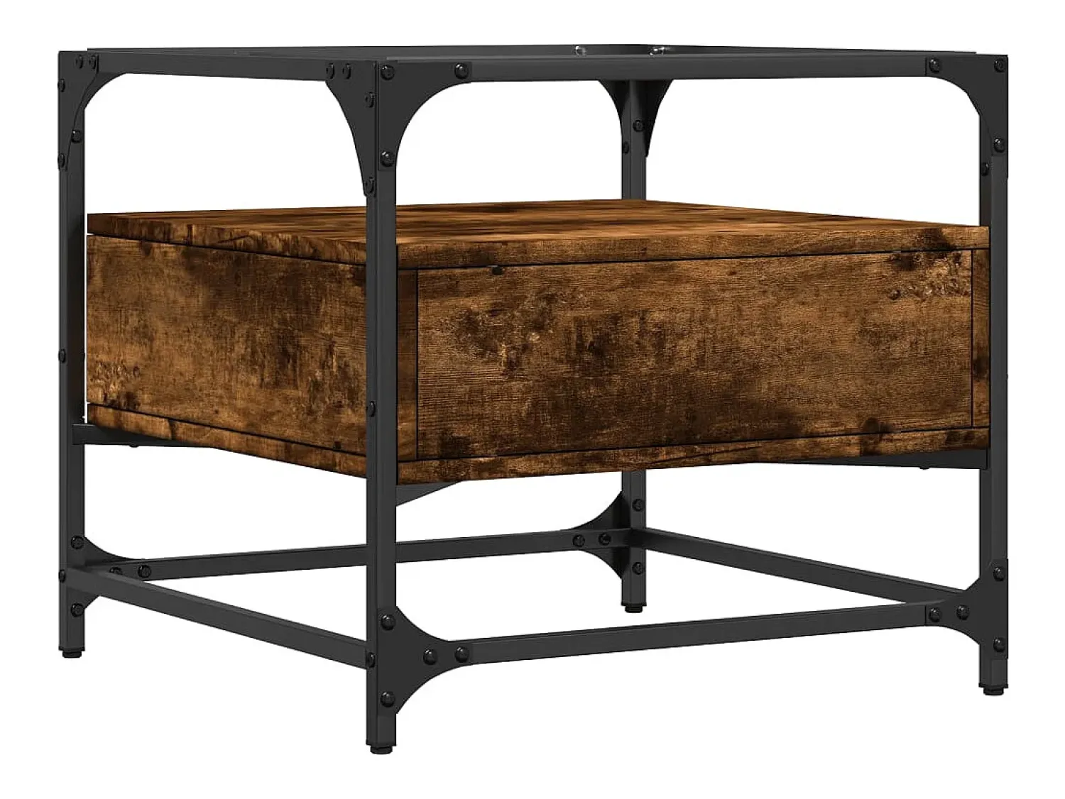 Mesa De Centro* Mesa de centro | Mesa de apoio c/ topo de vidro 50x50x45 cm carvalho fumado aço Castanho