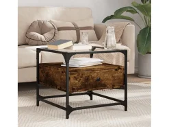 Mesa De Centro* Mesa de centro | Mesa de apoio c/ topo de vidro 50x50x45 cm carvalho fumado aço Castanho