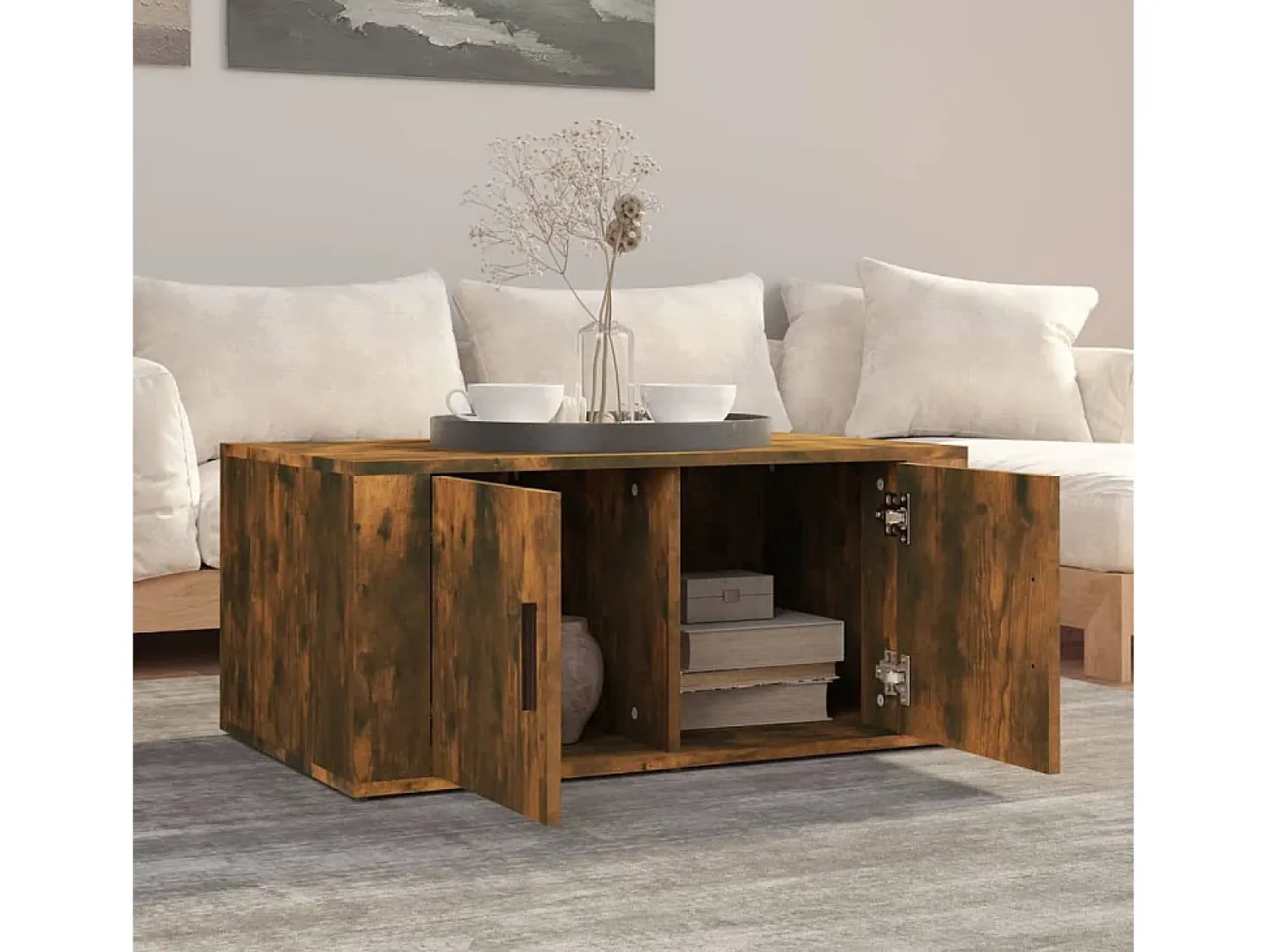 Mesa de centro | Mesa de apoio 80x50x36 cm derivados madeira carvalho fumado^ Mesa De Centro