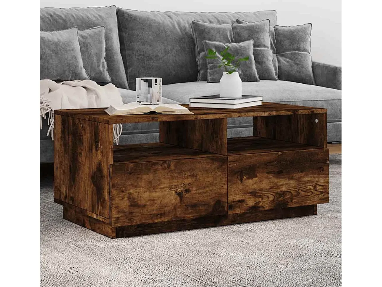 New Mesa de centro | Mesa de apoio com luzes LED 90x49x40 cm carvalho fumado Castanho