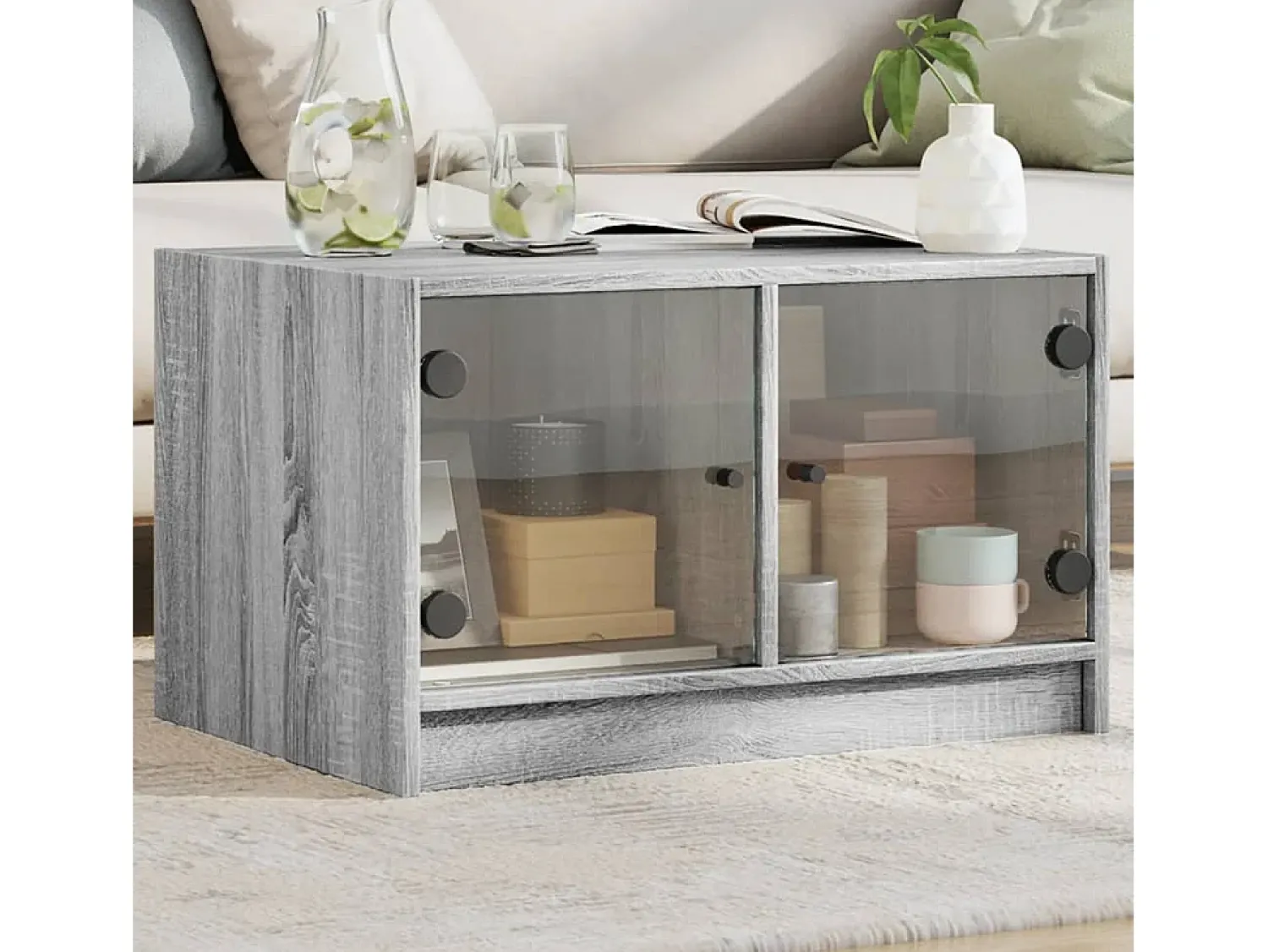 Online Mesa de centro | Mesa de apoio c/ portas de vidro 68x50x42 cm cinza sonoma Cinzento