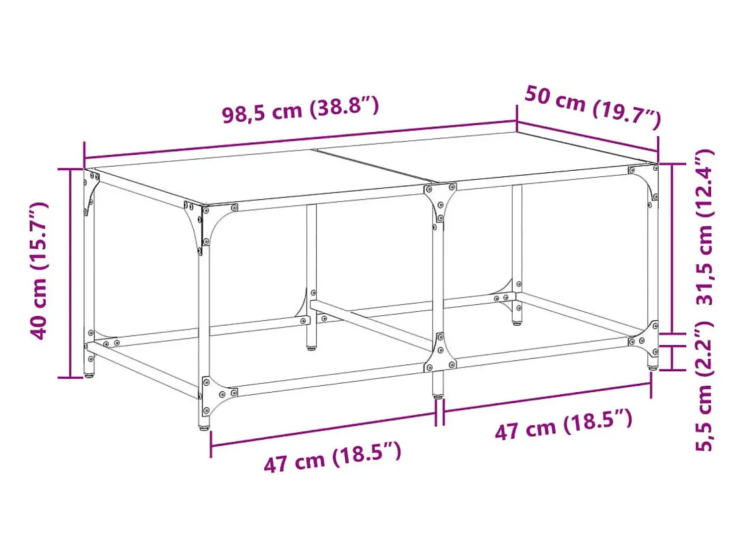 Mesa De Centro* Mesa de centro | Mesa de apoio com topo em vidro 98.5x50x40 cm aço Preto