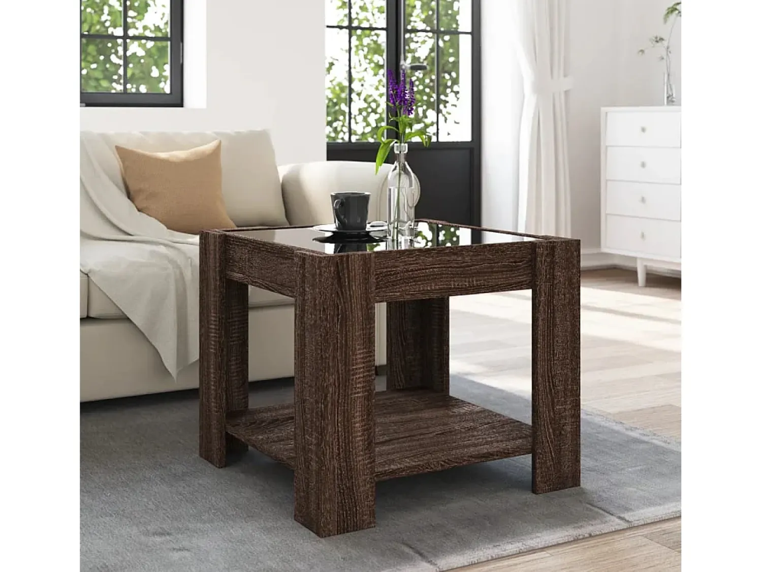 Mesa De Centro* Mesa de centro | Mesa de apoio c/ LEDs 53x53x45 cm derivados de madeira Castanho