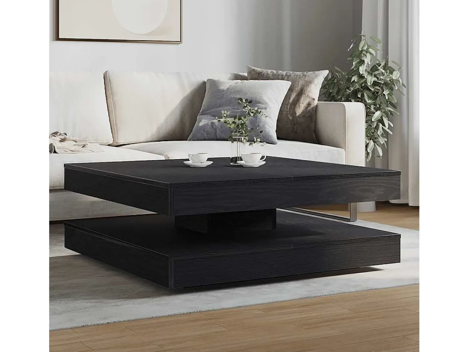 Mesa De Centro| Mesa de centro | Mesa de apoio giratória 360 graus carvalho 90x90x34.5 cm Preto