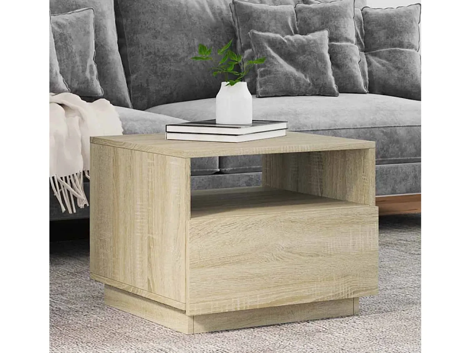 Mesa de centro | Mesa de apoio com luzes LED 50x49x40 cm carvalho sonoma^ Mesa De Centro