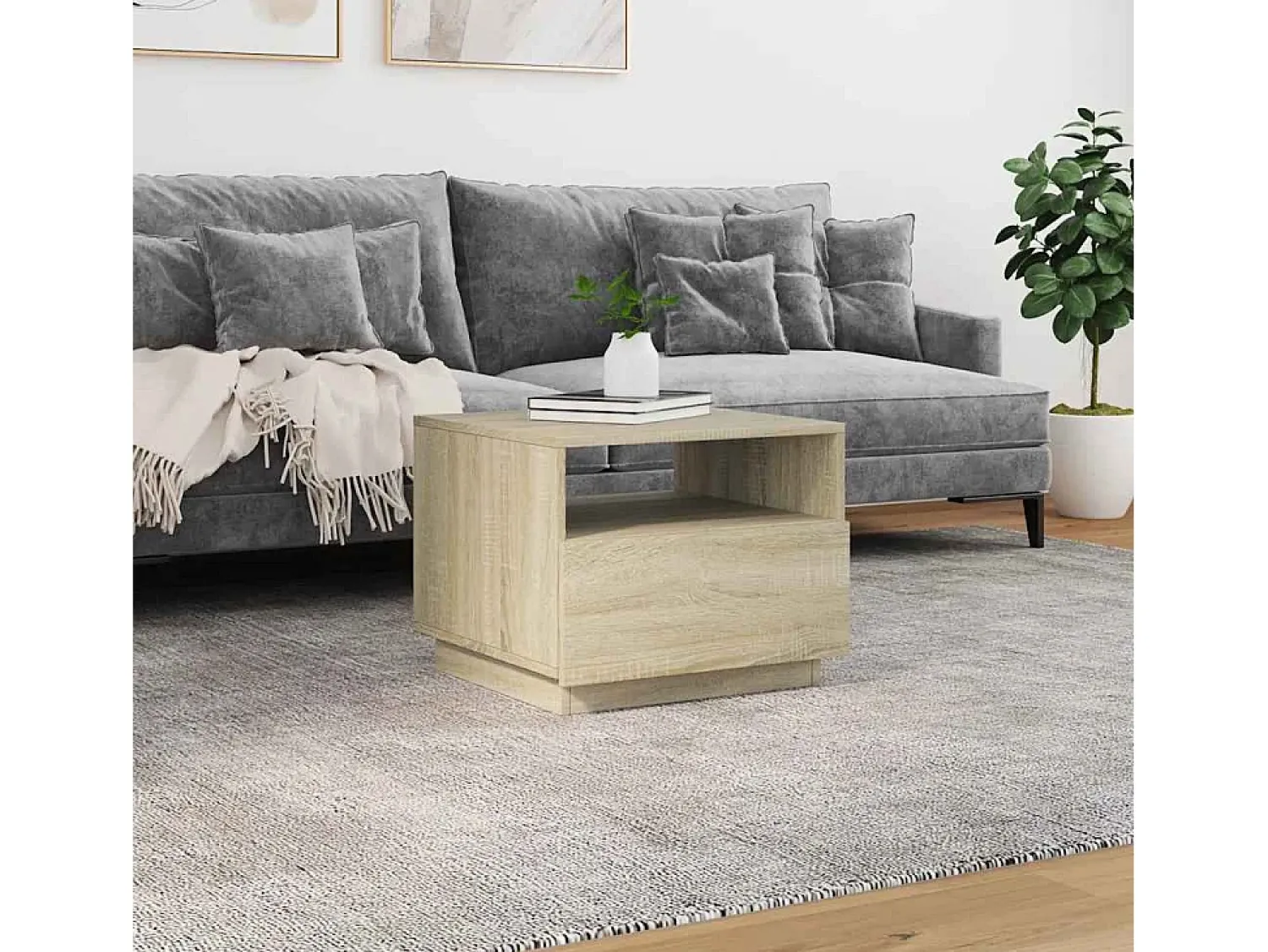 Mesa de centro | Mesa de apoio com luzes LED 50x49x40 cm carvalho sonoma^ Mesa De Centro