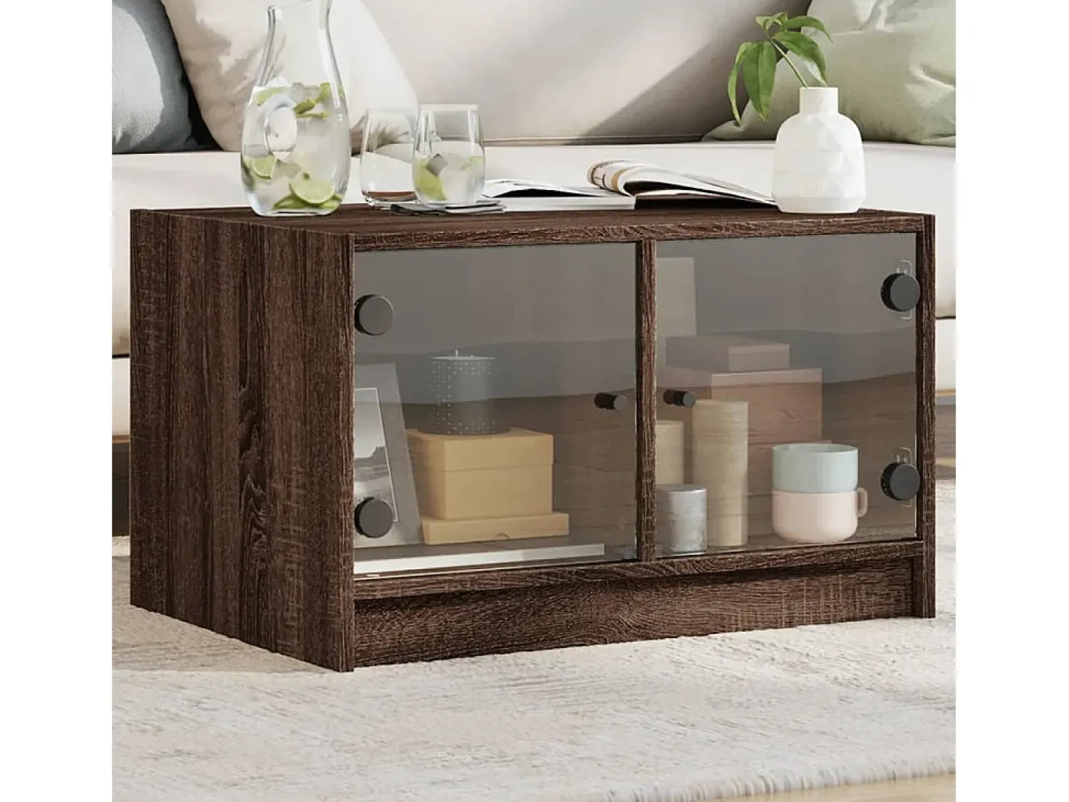 Sale Mesa de centro | Mesa de apoio c/ portas de vidro 68x50x42 cm carvalho Castanho