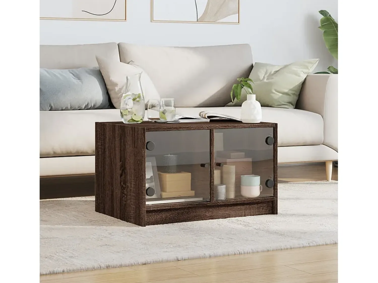 Sale Mesa de centro | Mesa de apoio c/ portas de vidro 68x50x42 cm carvalho Castanho