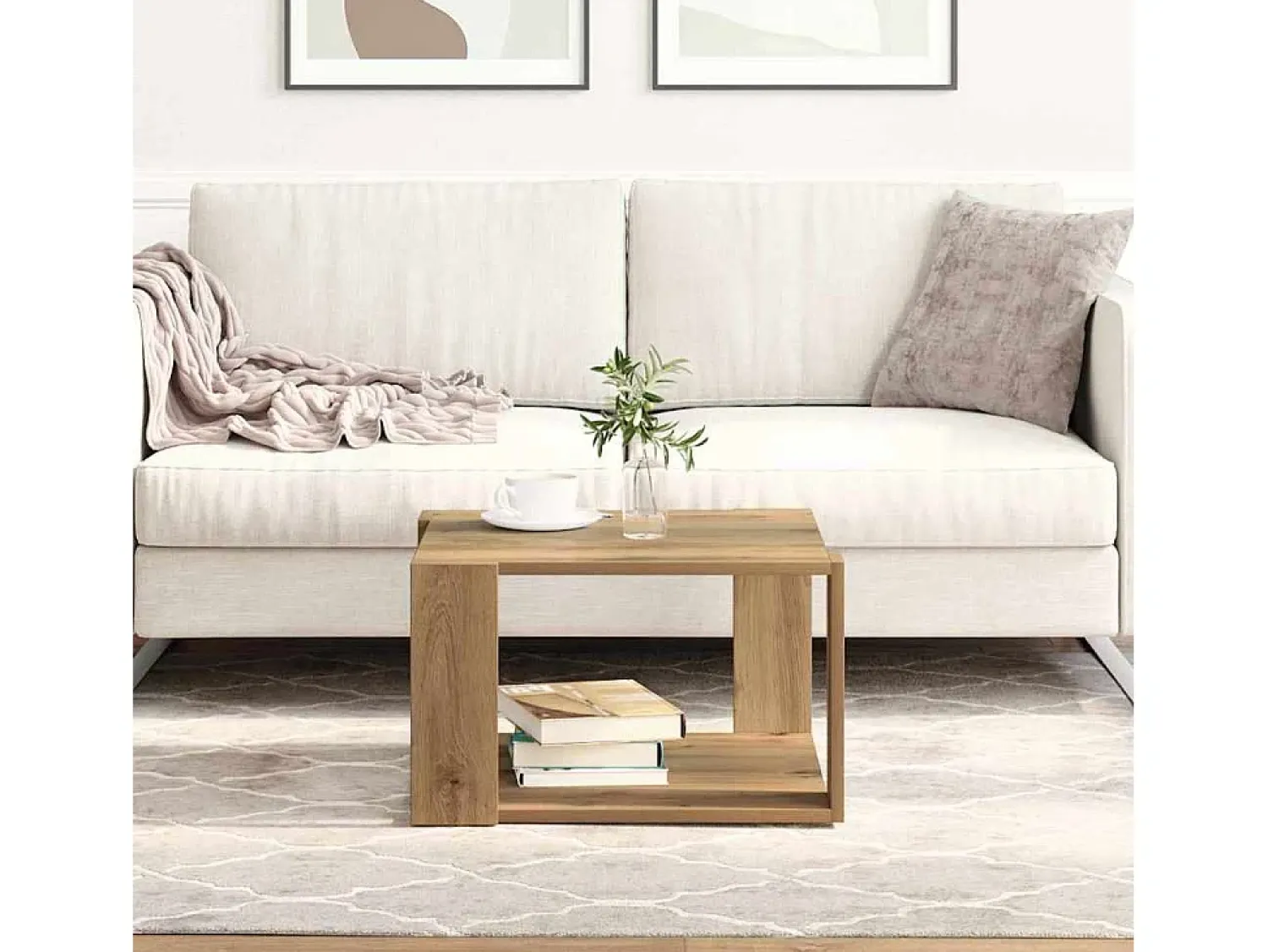 New Mesa de centro | Mesa de apoio carvalho artisiano 51.5x51.5x30 cm Bege
