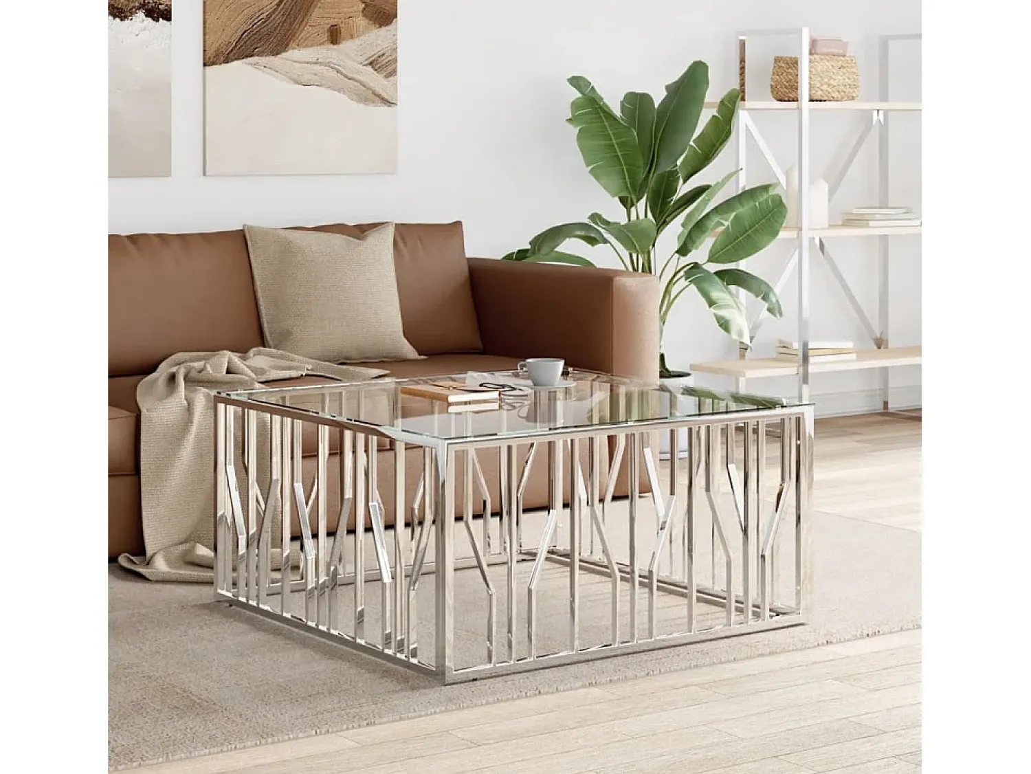 Mesa De Centro| Mesa de centro | Mesa de apoio | Mesa de café 100x100x50 cm aço inoxidável e vidro Prateado