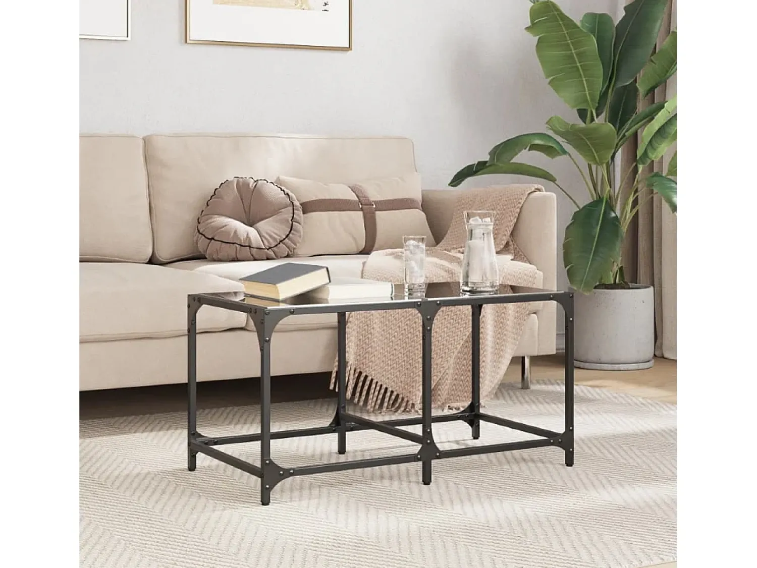 Mesa De Centro* Mesa de centro | Mesa de apoio com topo em vidro 78.5x40x40 cm aço Preto