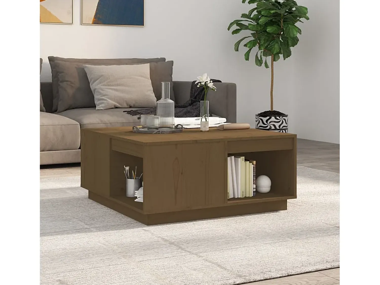 Mesa De Centro* Mesa de centro | Mesa de apoio 80x81x36.5 cm madeira pinho maciça mel Castanho