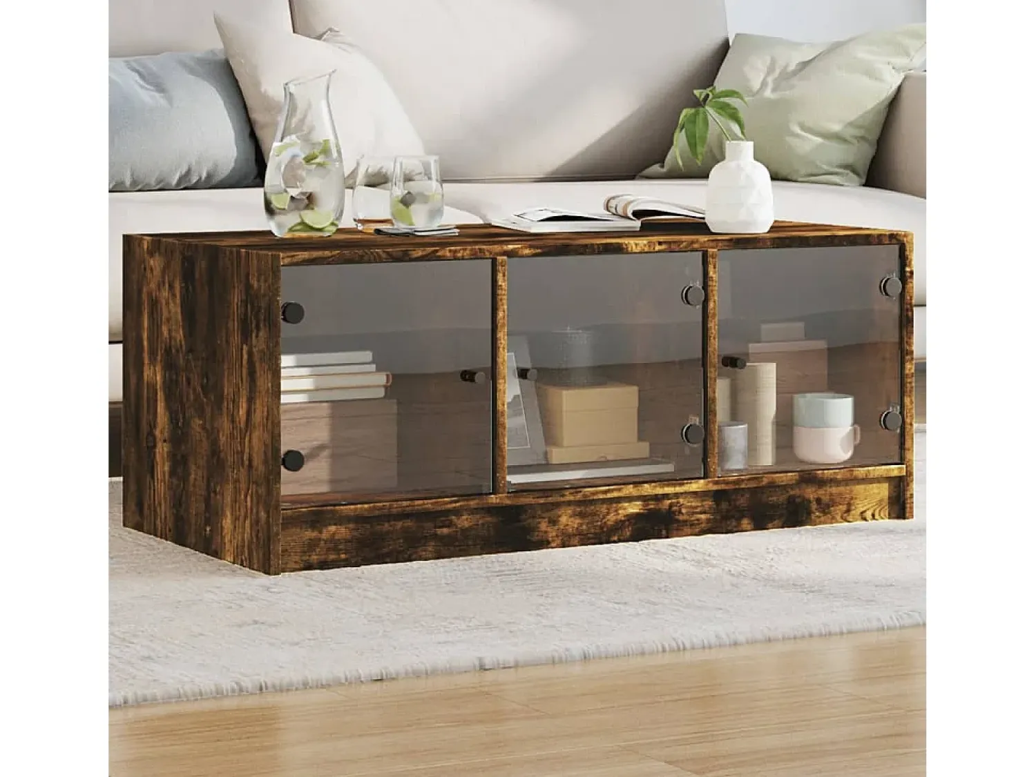 Best Mesa de centro | Mesa de apoio | Mesa de café c/ portas de vidro 102x50x42 cm carvalho fumado Castanho