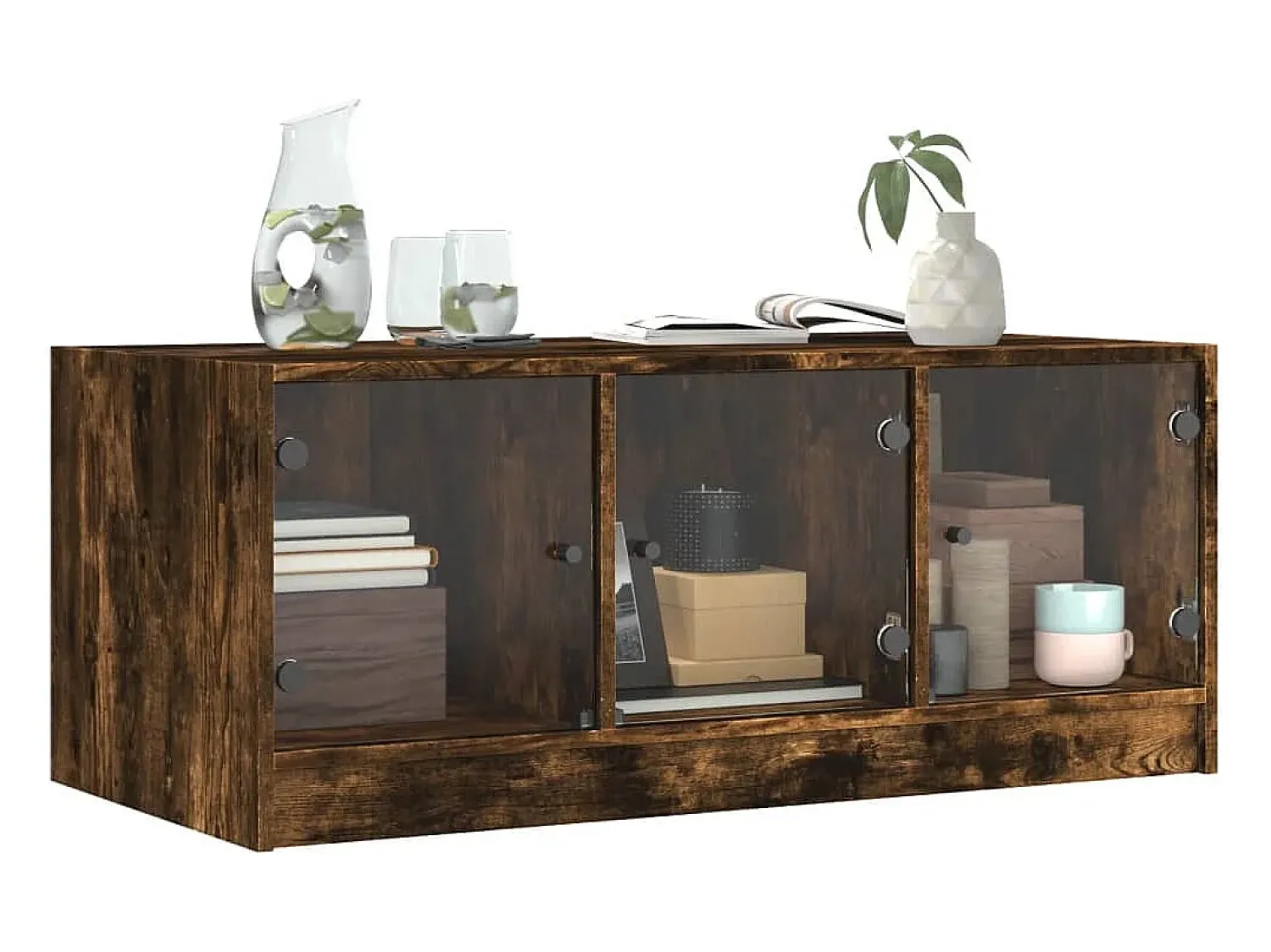 Best Mesa de centro | Mesa de apoio | Mesa de café c/ portas de vidro 102x50x42 cm carvalho fumado Castanho