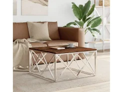 Mesa De Centro| Mesa de centro | Mesa de apoio | Mesa de café aço inoxidável e madeira recuperada maciça Prateado